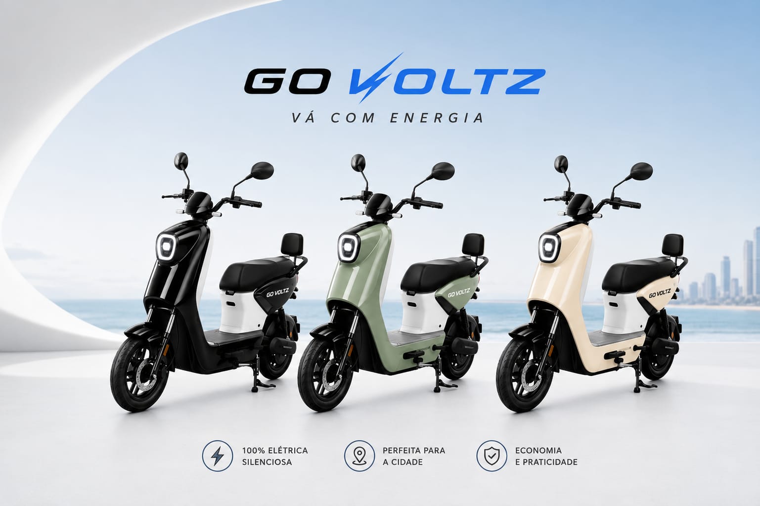 Go Voltz — motos elétricas nas cores preta, verde e bege off-white